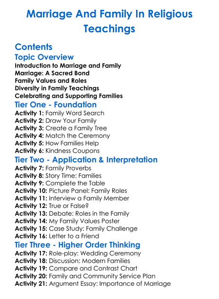 Marriage And Family In Religious Teachings Worksheet Activity Booklet