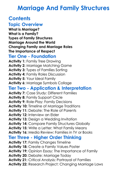 Marriage And Family Structures Worksheet Activity Booklet