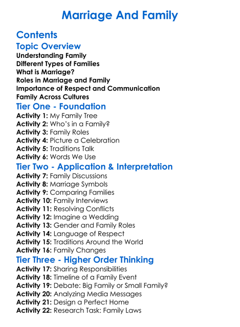 Marriage And Family Worksheet Activity Booklet
