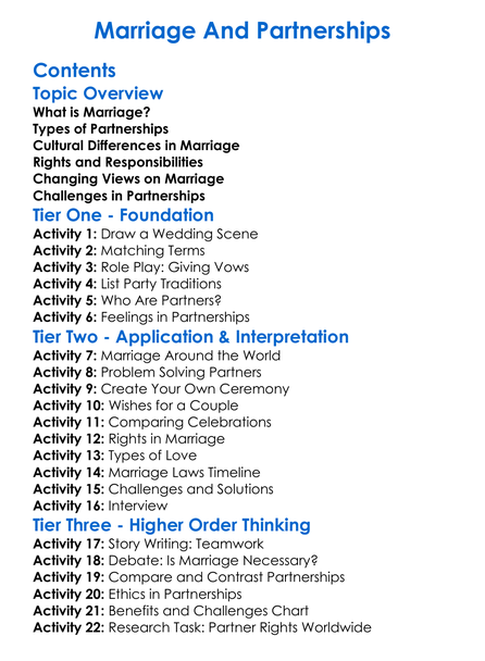 Marriage And Partnerships Worksheet Activity Booklet