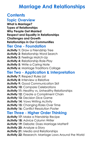 Marriage And Relationships Worksheet Activity Booklet