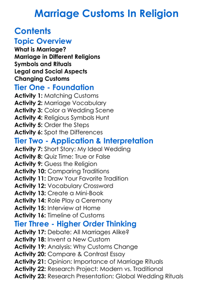 Marriage Customs In Religion Worksheet Activity Booklet