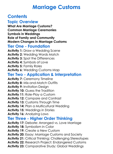 Marriage Customs Worksheet Activity Booklet