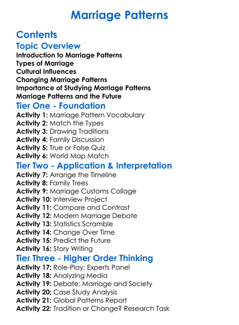 Marriage Patterns Worksheet Activity Booklet