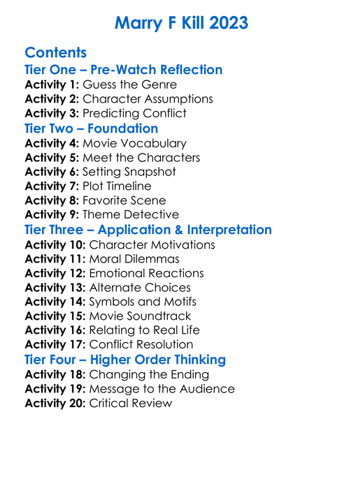 Marry F Kill 2023 Worksheet Activity Booklet
