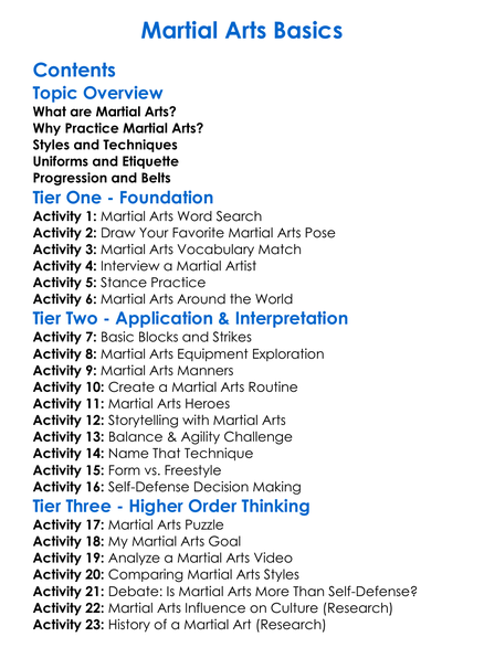 Martial Arts Basics Worksheet Activity Booklet