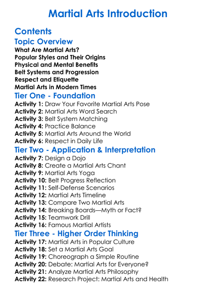 Martial Arts Introduction Worksheet Activity Booklet