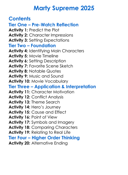 Marty Supreme 2025 Worksheet Activity Booklet