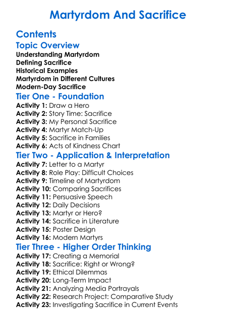 Martyrdom And Sacrifice Worksheet Activity Booklet