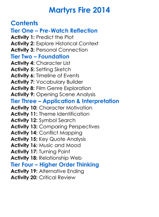 Martyrs Fire 2014 Worksheet Activity Booklet