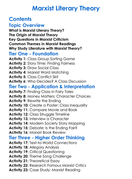 Marxist Literary Theory Worksheet Activity Booklet