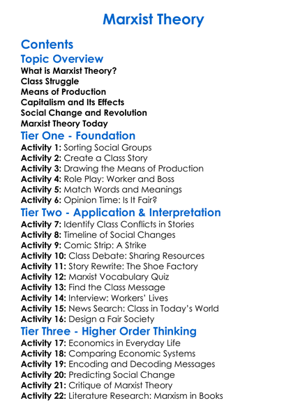 Marxist Theory Worksheet Activity Booklet