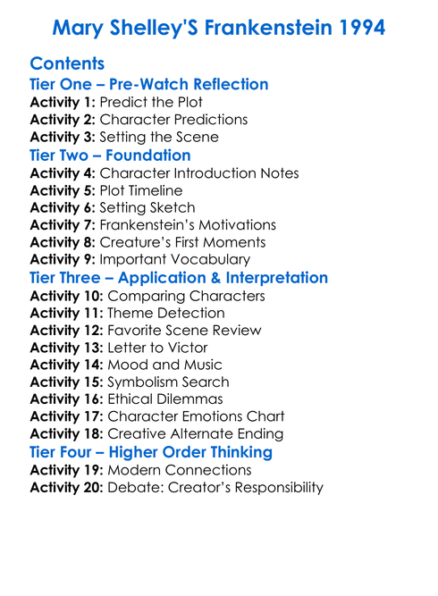 Mary Shelleys Frankenstein 1994 Worksheet Activity Booklet