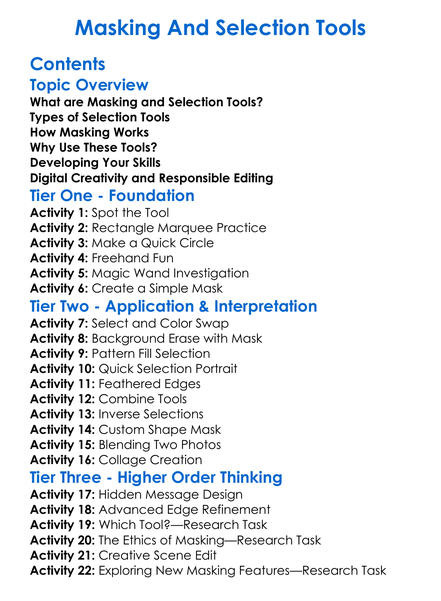 Masking And Selection Tools Worksheet Activity Booklet