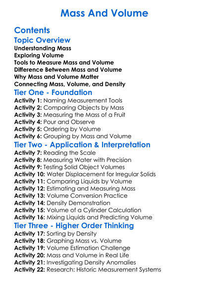 Mass And Volume Worksheet Activity Booklet