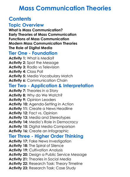 Mass Communication Theories Worksheet Activity Booklet