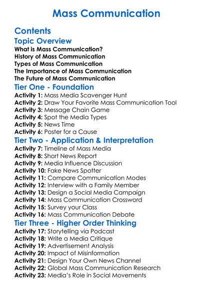 Mass Communication Worksheet Activity Booklet