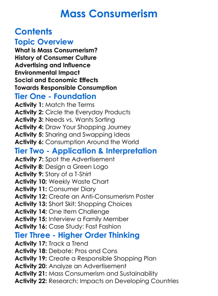 Mass Consumerism Worksheet Activity Booklet