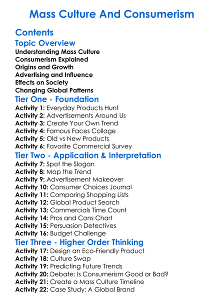 Mass Culture And Consumerism Worksheet Activity Booklet