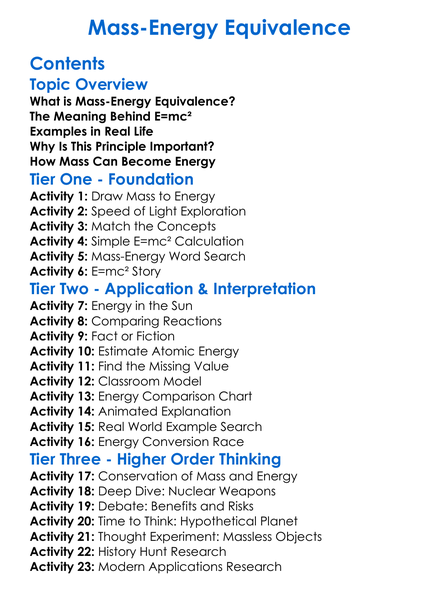 Mass-Energy Equivalence Worksheet Activity Booklet