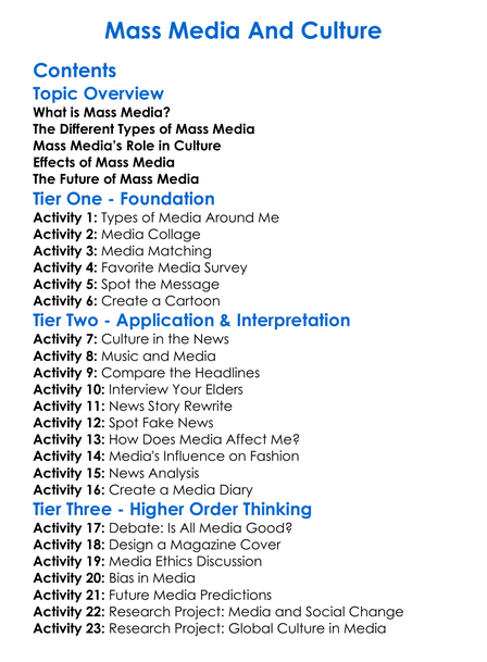 Mass Media And Culture Worksheet Activity Booklet