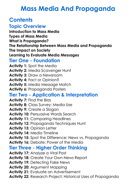 Mass Media And Propaganda Worksheet Activity Booklet