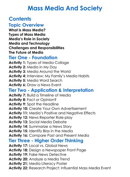 Mass Media And Society Worksheet Activity Booklet