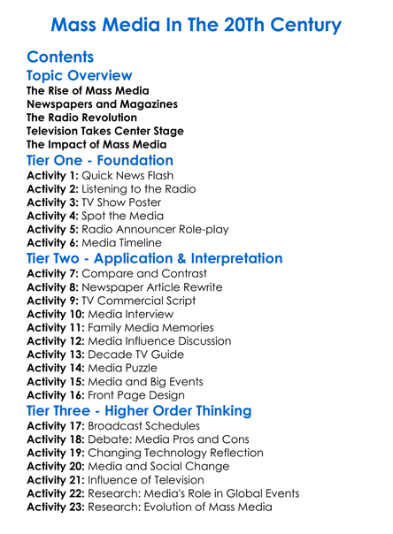 Mass Media In The 20Th Century Worksheet Activity Booklet