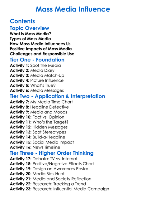 Mass Media Influence Worksheet Activity Booklet