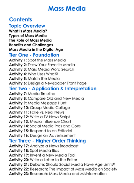 Mass Media Worksheet Activity Booklet