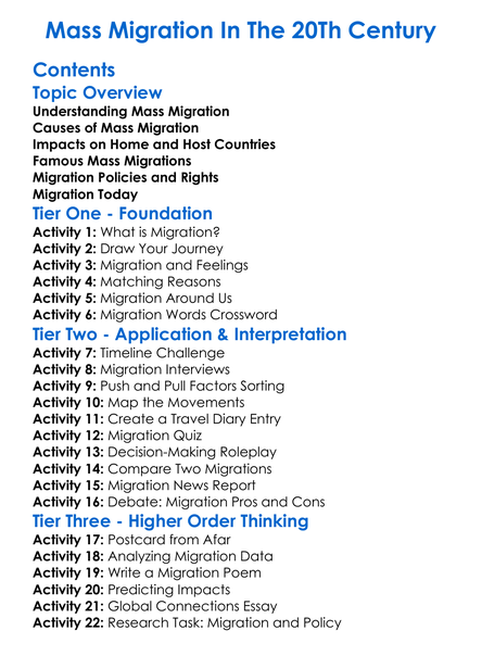 Mass Migration In The 20Th Century Worksheet Activity Booklet