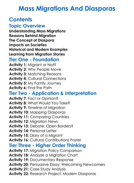 Mass Migrations And Diasporas Worksheet Activity Booklet