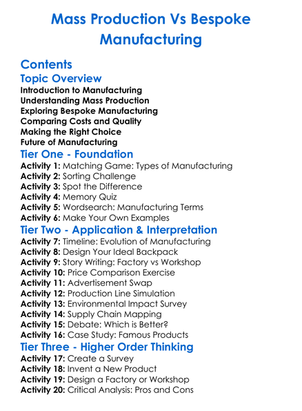 Mass Production Vs Bespoke Manufacturing Worksheet Activity Booklet