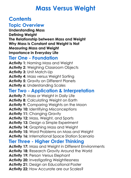Mass Versus Weight Worksheet Activity Booklet