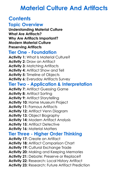 Material Culture And Artifacts Worksheet Activity Booklet
