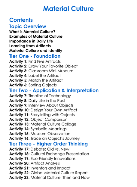 Material Culture Worksheet Activity Booklet