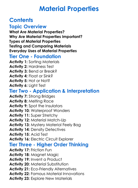Material Properties Worksheet Activity Booklet