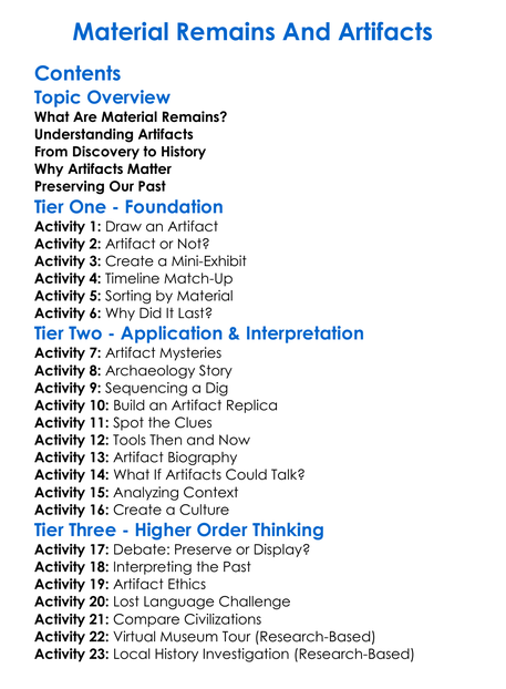 Material Remains And Artifacts Worksheet Activity Booklet