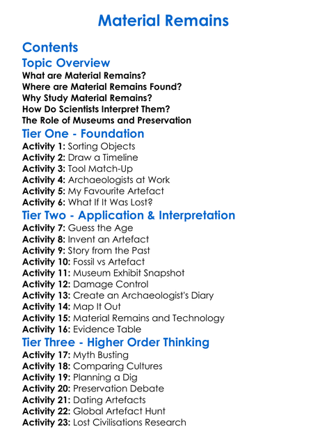 Material Remains Worksheet Activity Booklet
