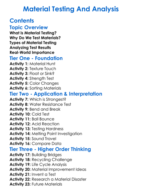 Material Testing And Analysis Worksheet Activity Booklet