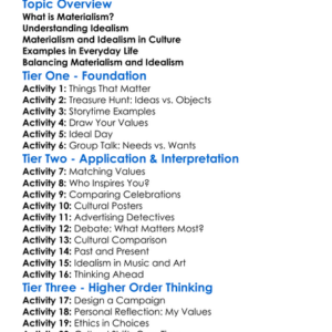 Materialism And Idealism In Culture Worksheet Activity Booklet