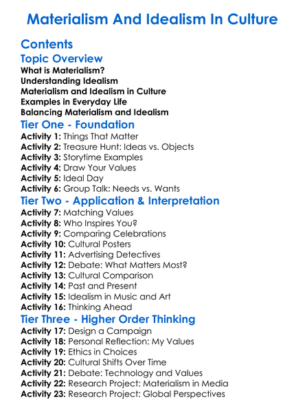 Materialism And Idealism In Culture Worksheet Activity Booklet