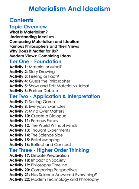 Materialism And Idealism Worksheet Activity Booklet