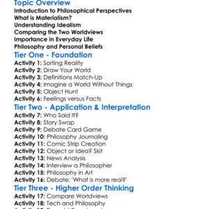 Materialism Vs Idealism Worksheet Activity Booklet