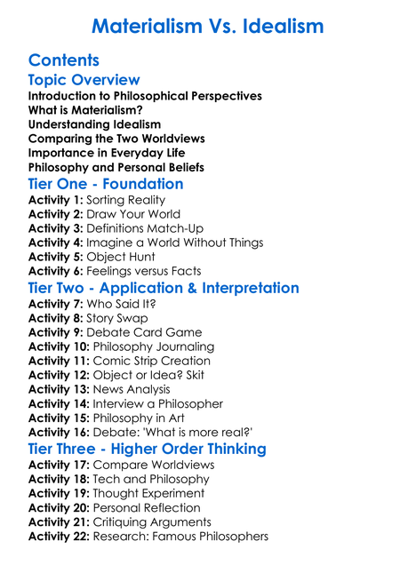 Materialism Vs Idealism Worksheet Activity Booklet