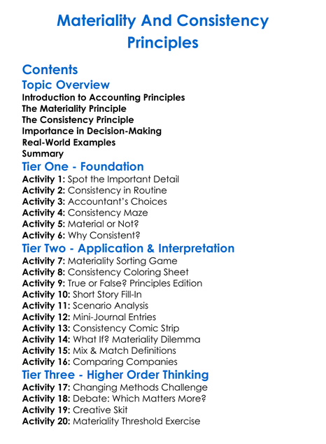 Materiality And Consistency Principles Worksheet Activity Booklet