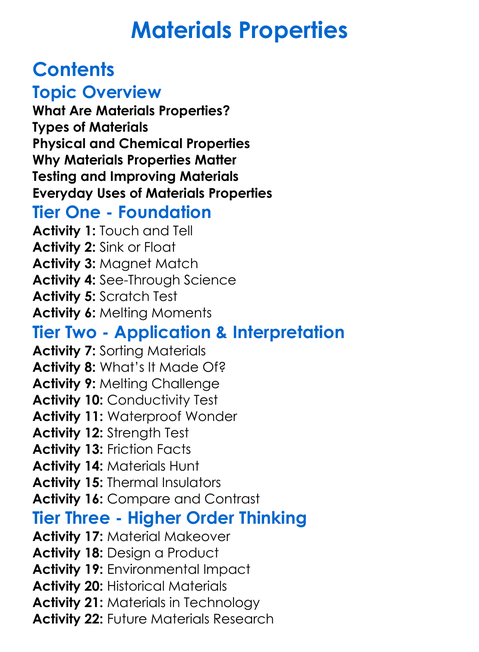 Materials Properties Worksheet Activity Booklet