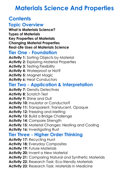 Materials Science And Properties Worksheet Activity Booklet