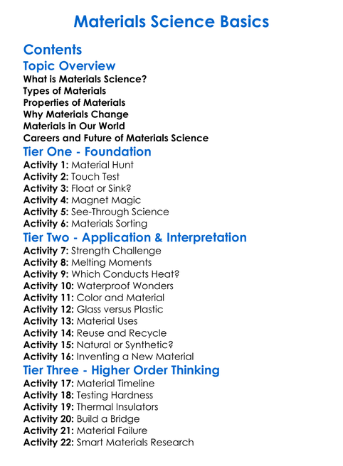 Materials Science Basics Worksheet Activity Booklet