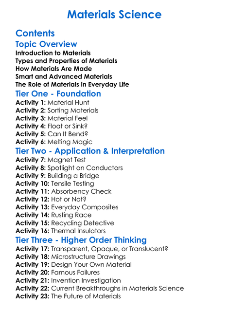 Materials Science Worksheet Activity Booklet